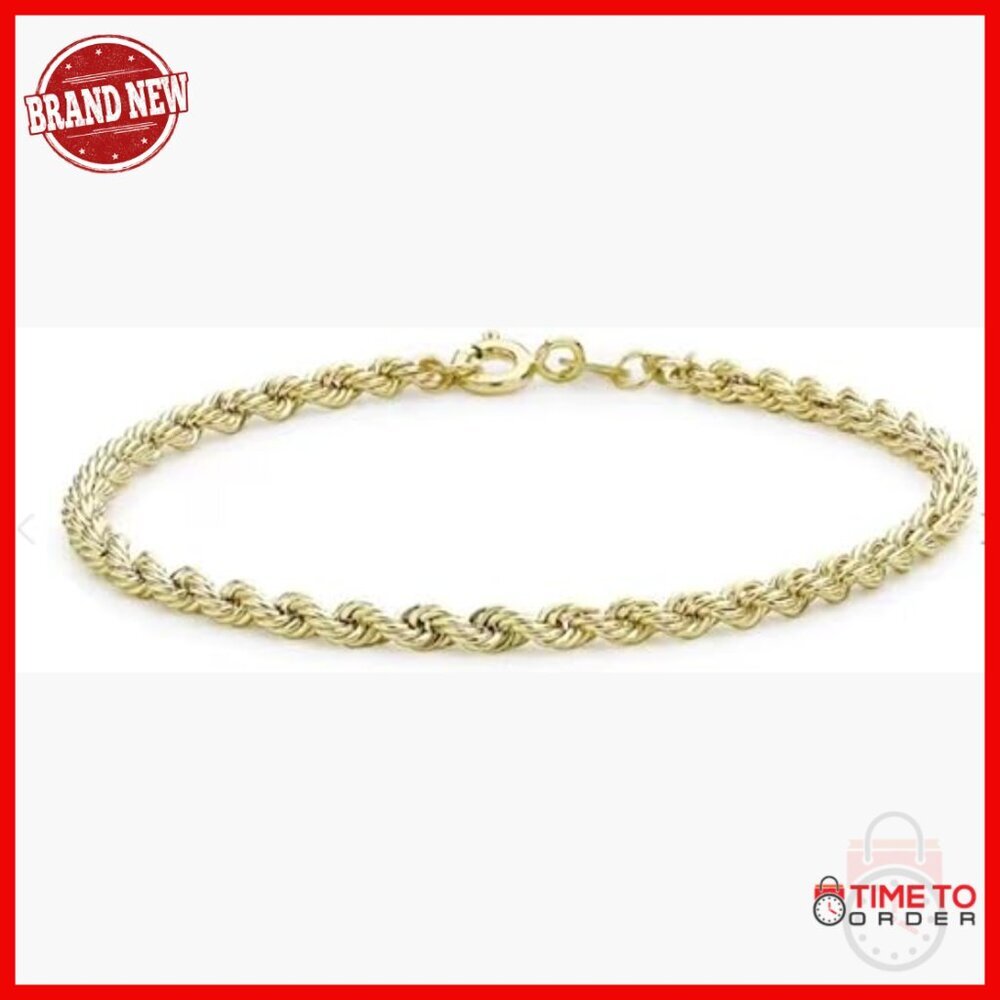 14K Solid Gold Diamond Cut Rope Bracelet Unisex 8 Inch